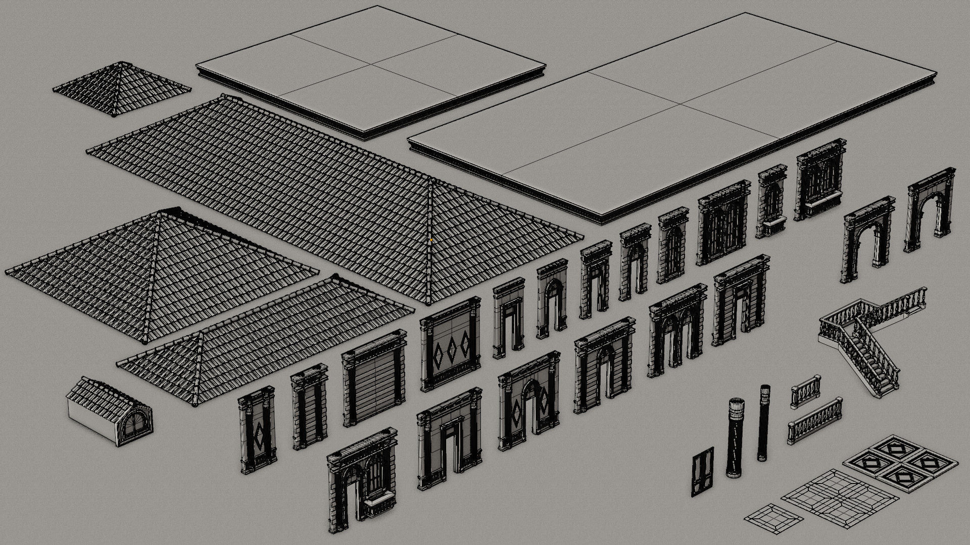 CLASSIC EUROPEAN KITBASH 06 MODULAR BUILDING WITH INTERIOR Low-poly 3D model_29