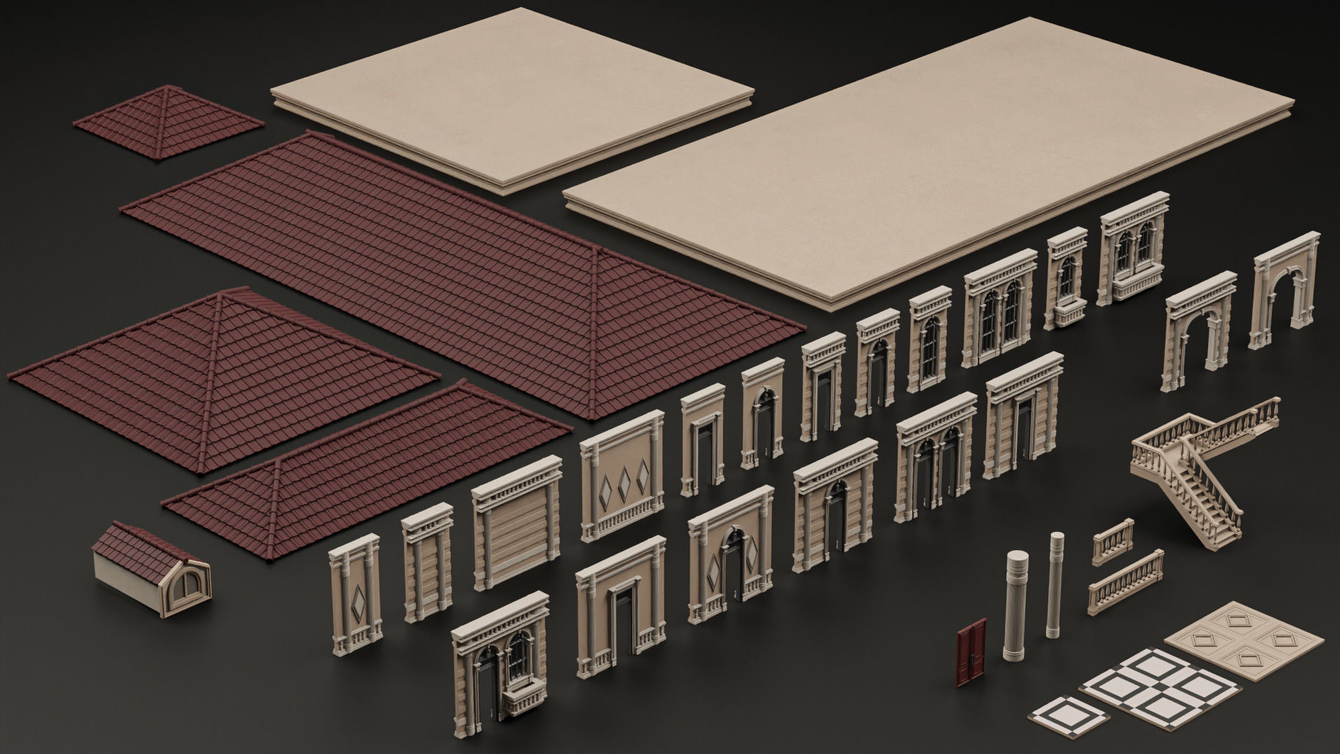 CLASSIC EUROPEAN KITBASH 06 MODULAR BUILDING WITH INTERIOR Low-poly 3D model_11