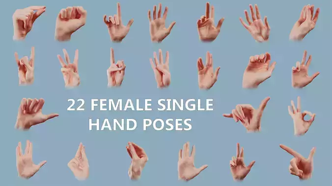 22 Photorealistic Single Female Hand Poses 3D Model Collection