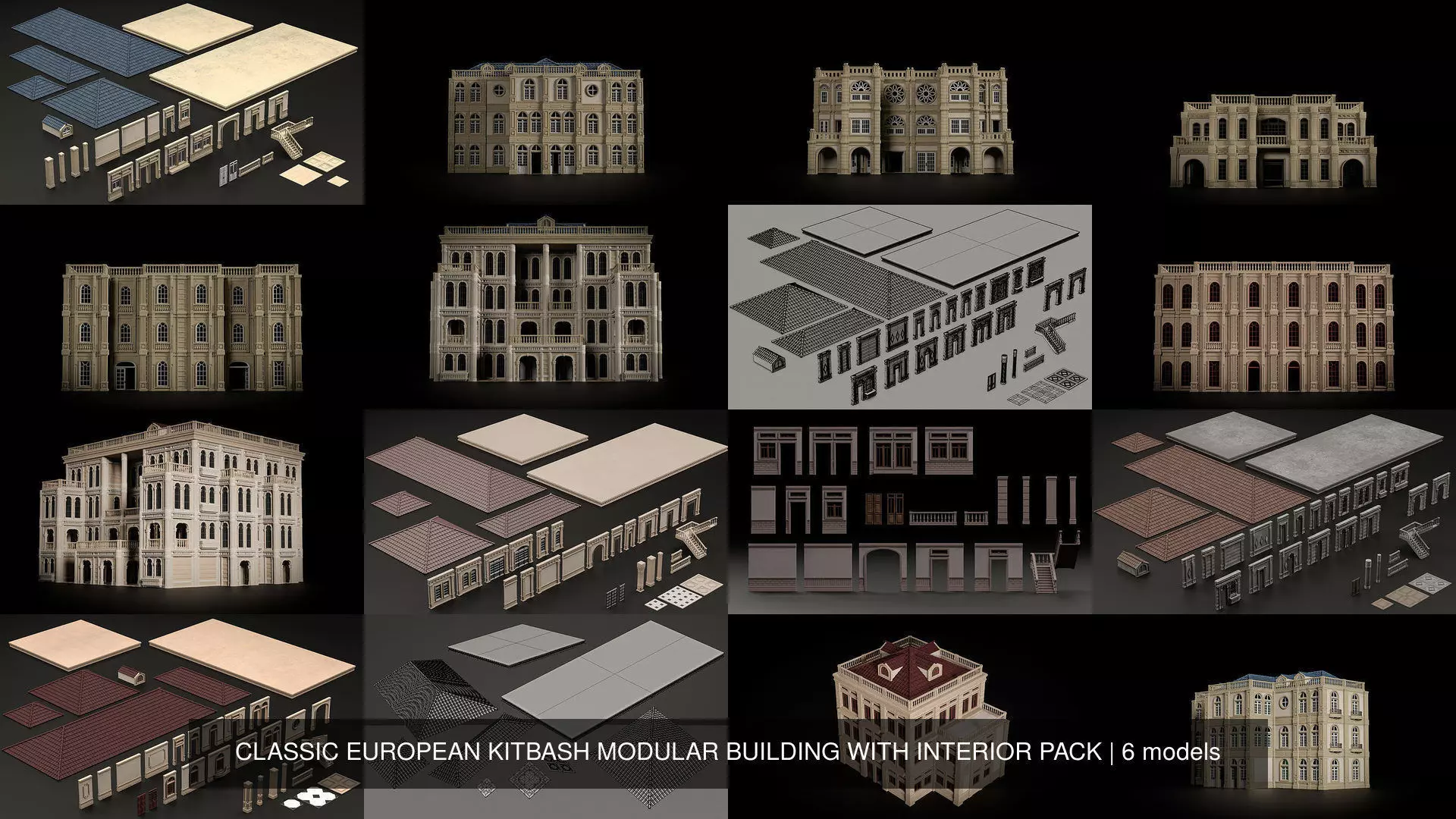 CLASSIC EUROPEAN KITBASH MODULAR BUILDING WITH INTERIOR PACK 3D Model Collection_0