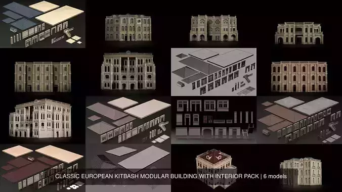 CLASSIC EUROPEAN KITBASH MODULAR BUILDING WITH INTERIOR PACK 3D Model Collection