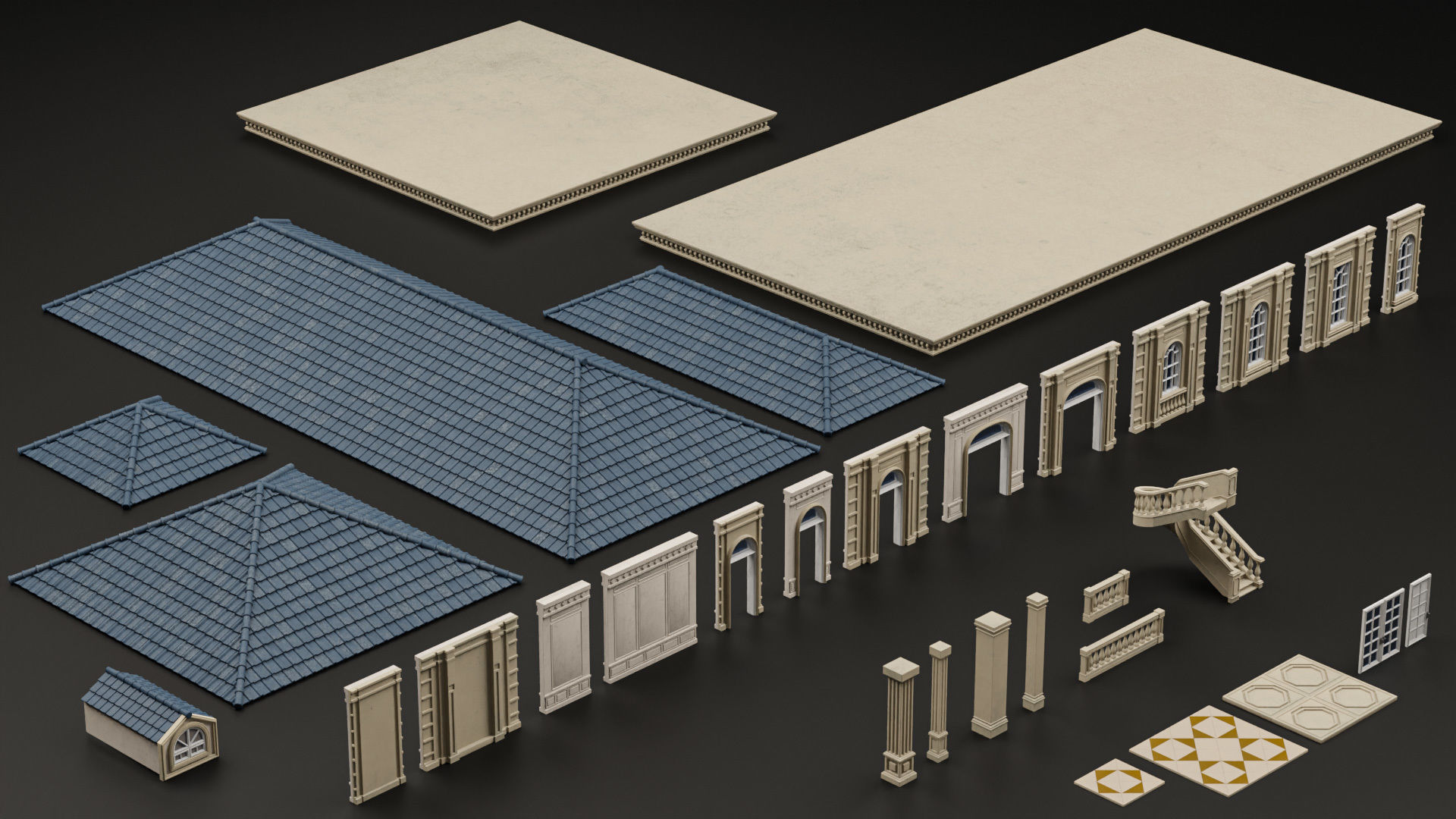 CLASSIC EUROPEAN KITBASH MODULAR BUILDING WITH INTERIOR PACK 3D Model Collection_18