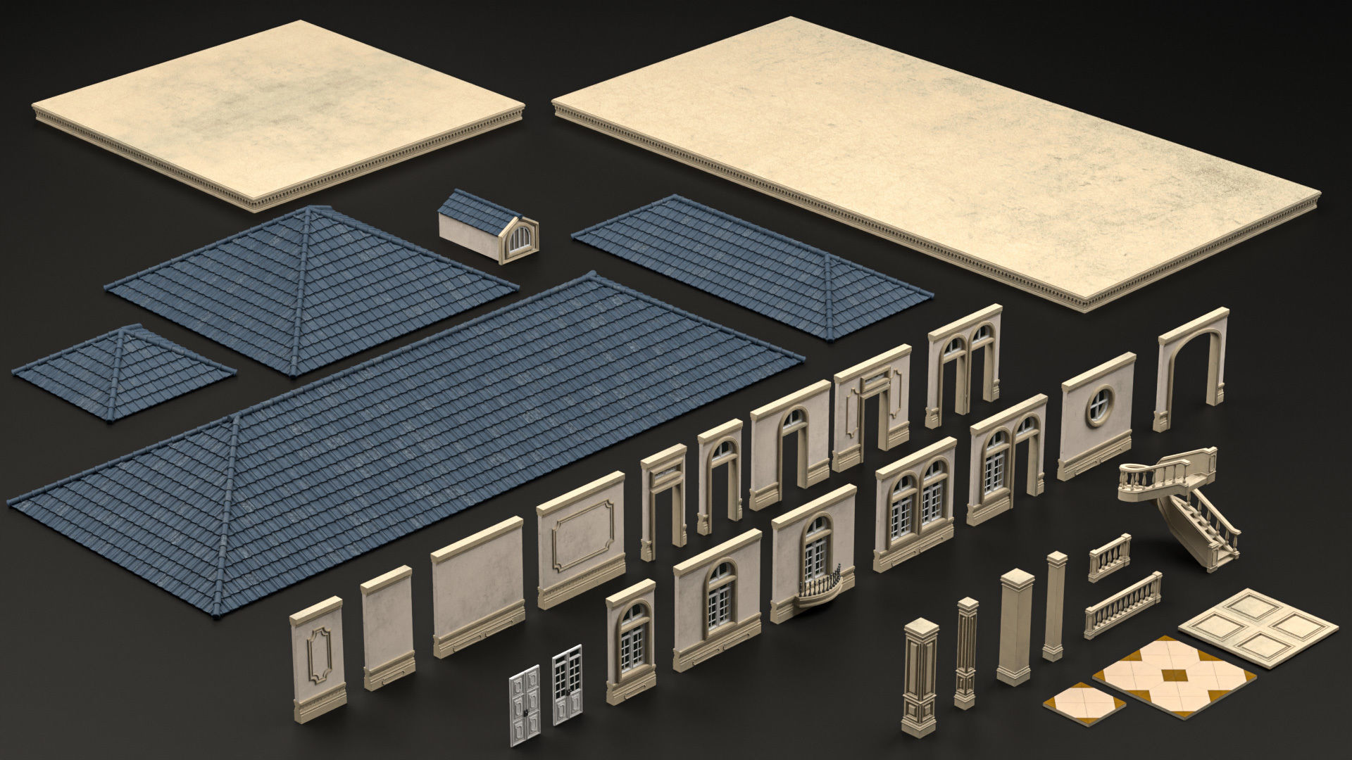 CLASSIC EUROPEAN KITBASH MODULAR BUILDING WITH INTERIOR PACK 3D Model Collection_15