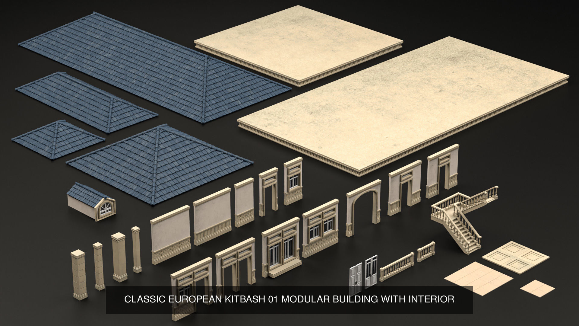 CLASSIC EUROPEAN KITBASH MODULAR BUILDING WITH INTERIOR PACK 3D Model Collection_2