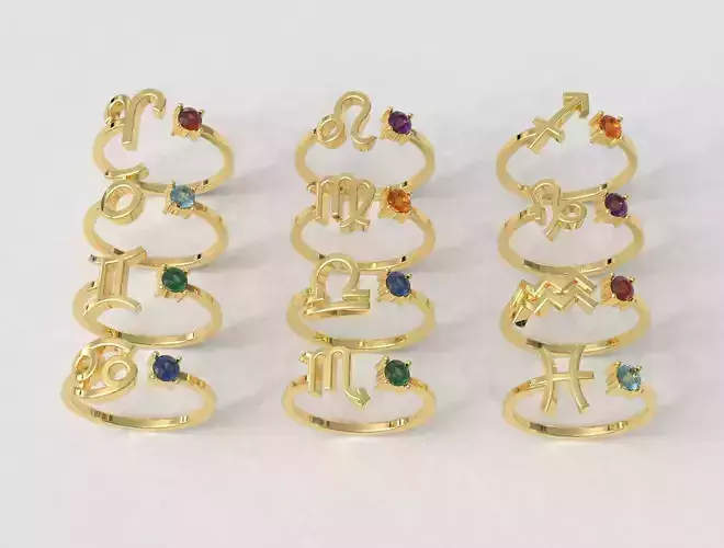 12 Zodiac Rings 3D Model Collection