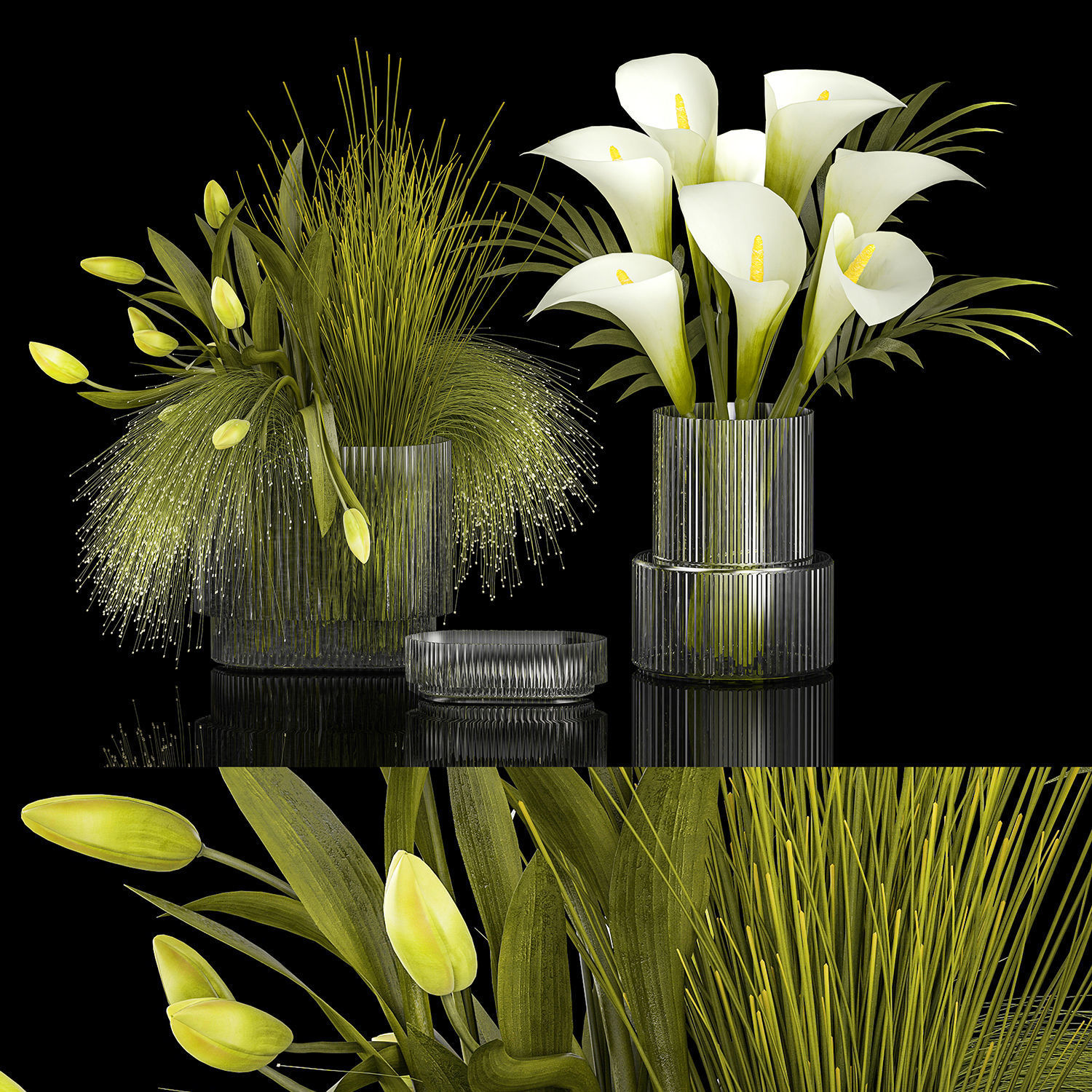 Set of bouquets of green flowers Calla tulip vase 361 3D model_5