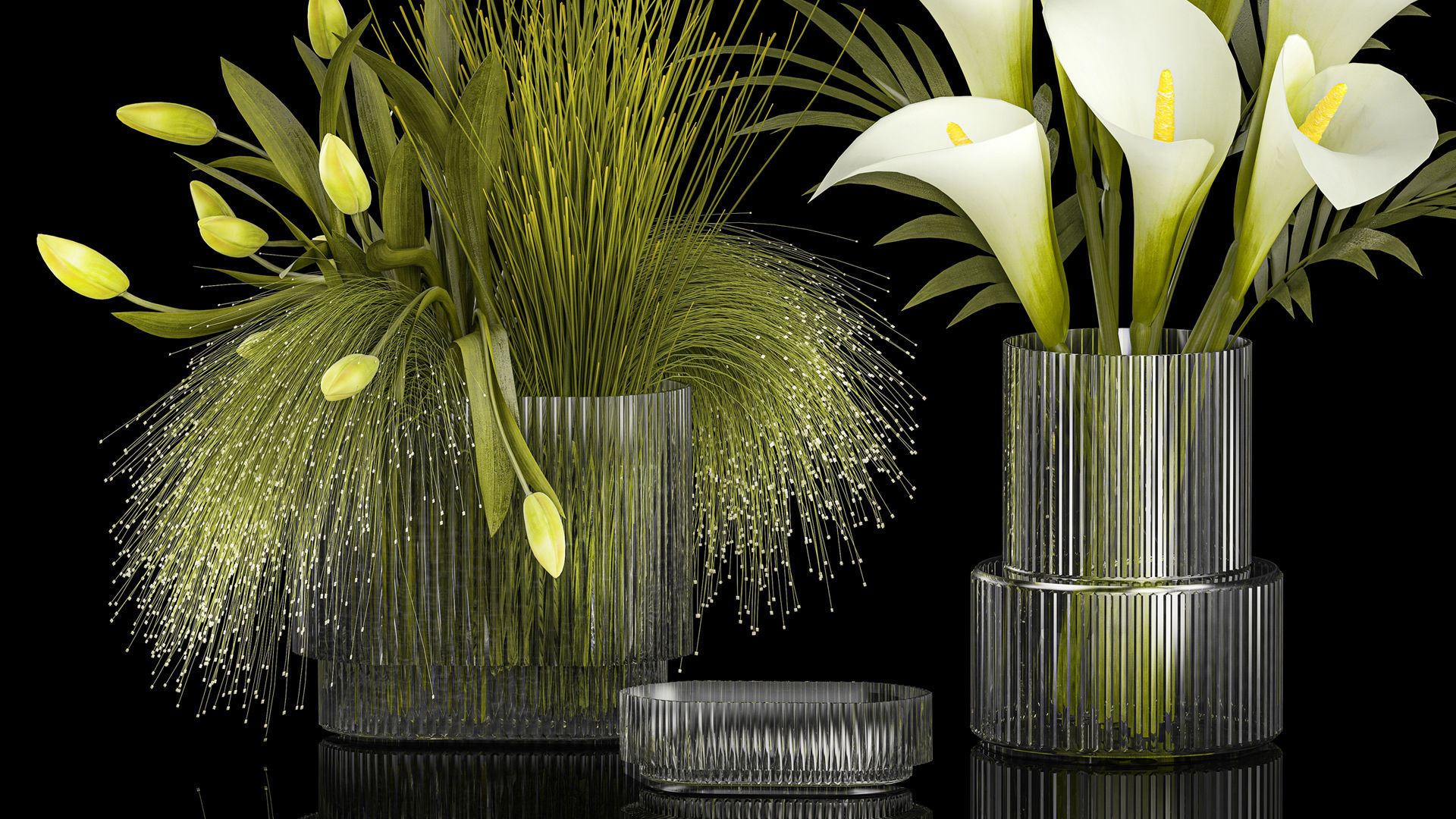 Set of bouquets of green flowers Calla tulip vase 361 3D model_1