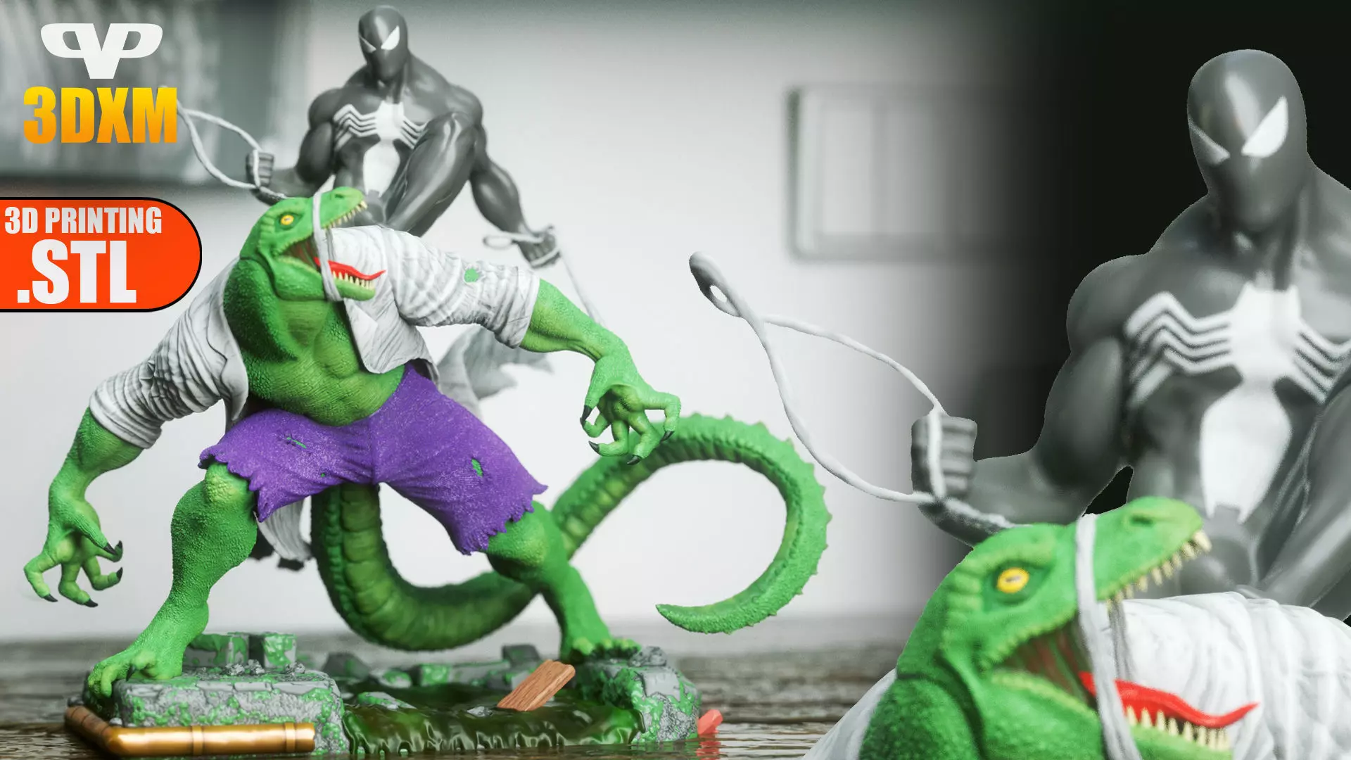 Lizard Vs Symbiote Spider-Man STL for 3D Printing 3DXM ChibiSTL 3D print model_0
