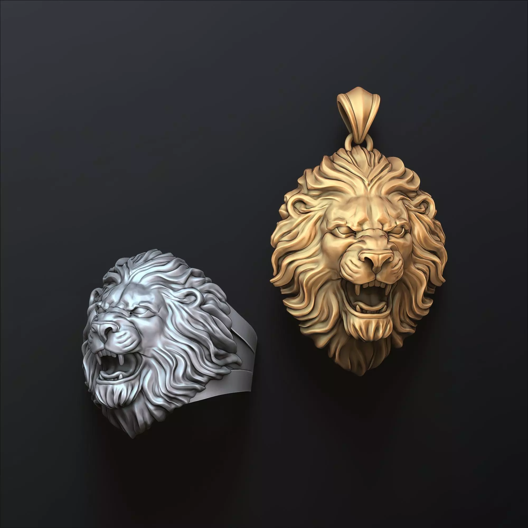 Lion ring pendant v2 set 3D print model_0