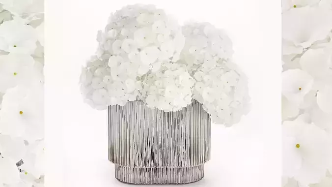 Small bouquet of white hydrangea flowers in a glass vase 362