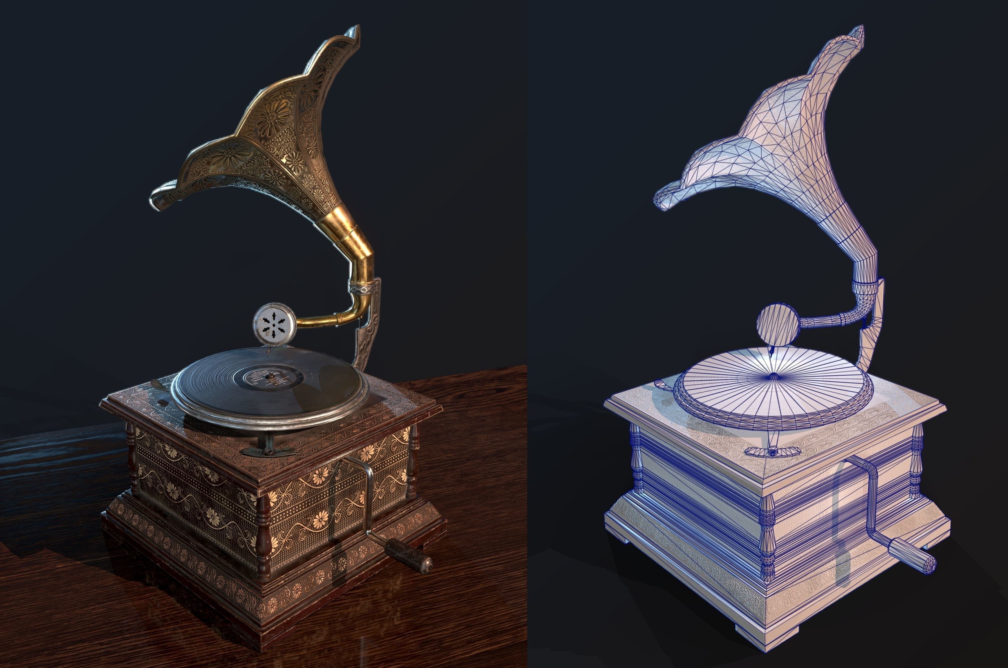 Antique Gramophone PBR Game-Ready Low-poly 3D model_5