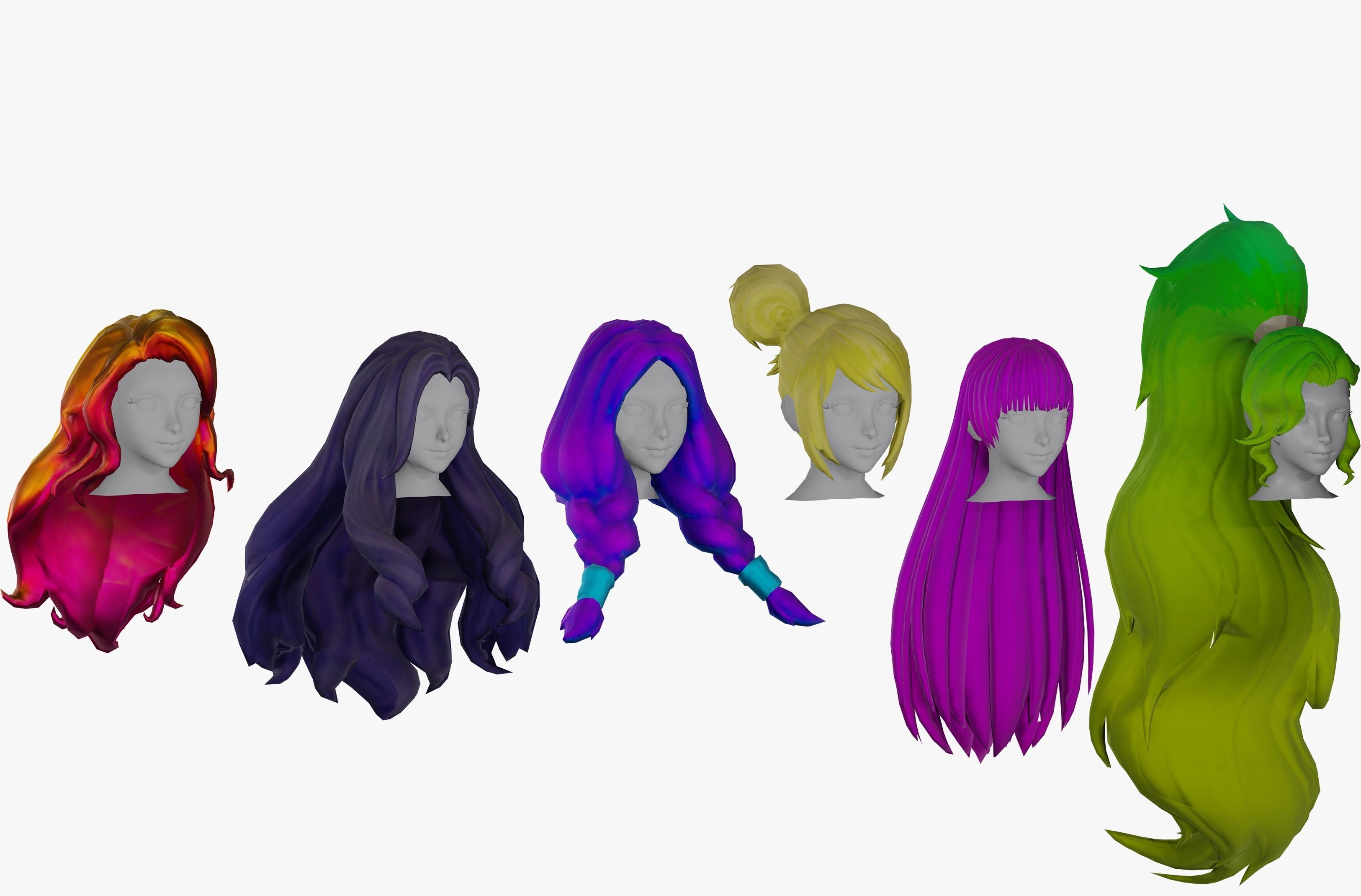 20 Stylized Female Hair Models Pack 2 - Low Poly Low-poly 3D model_2