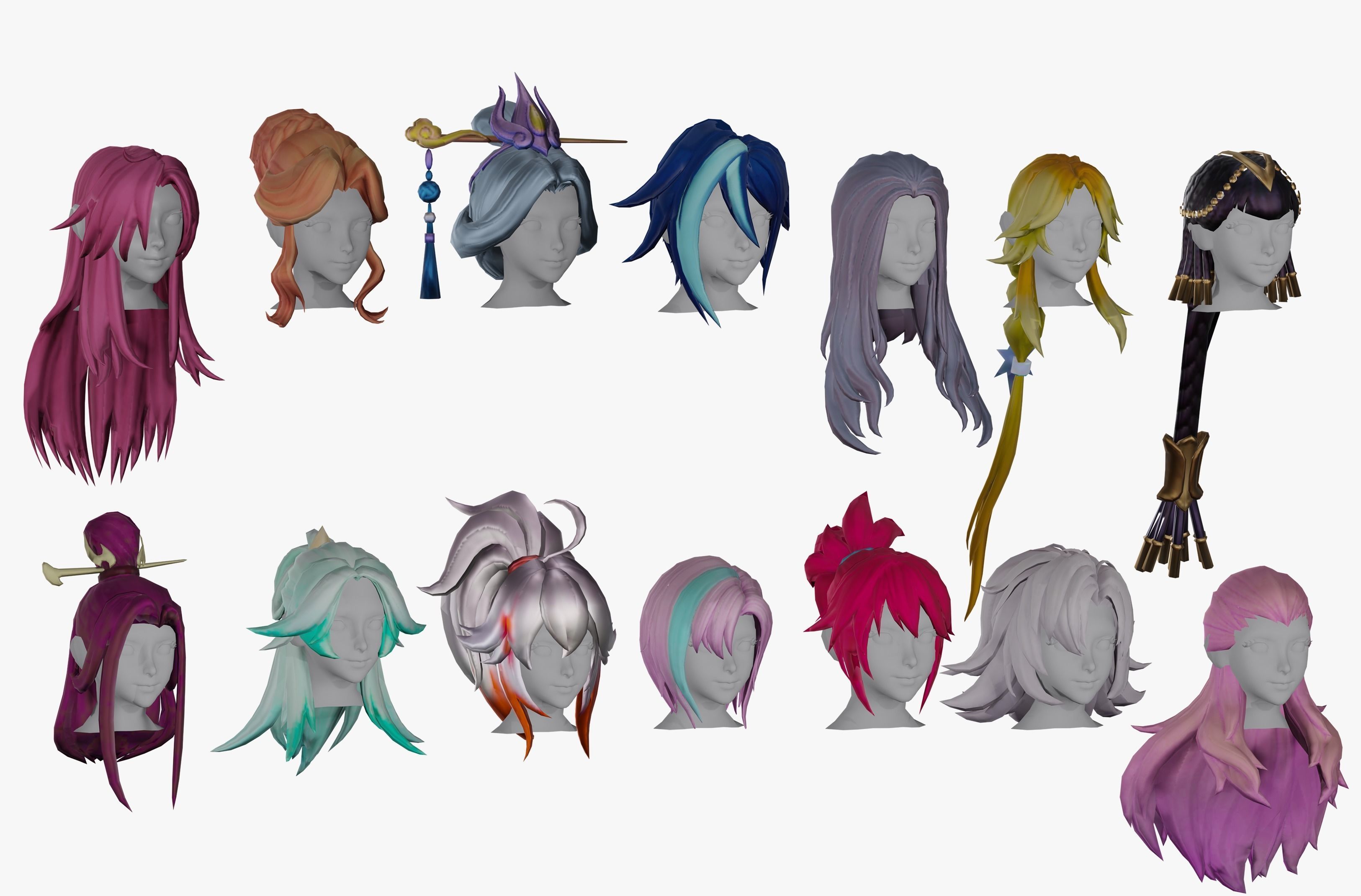 20 Stylized Female Hair Models Pack 2 - Low Poly Low-poly 3D model_1