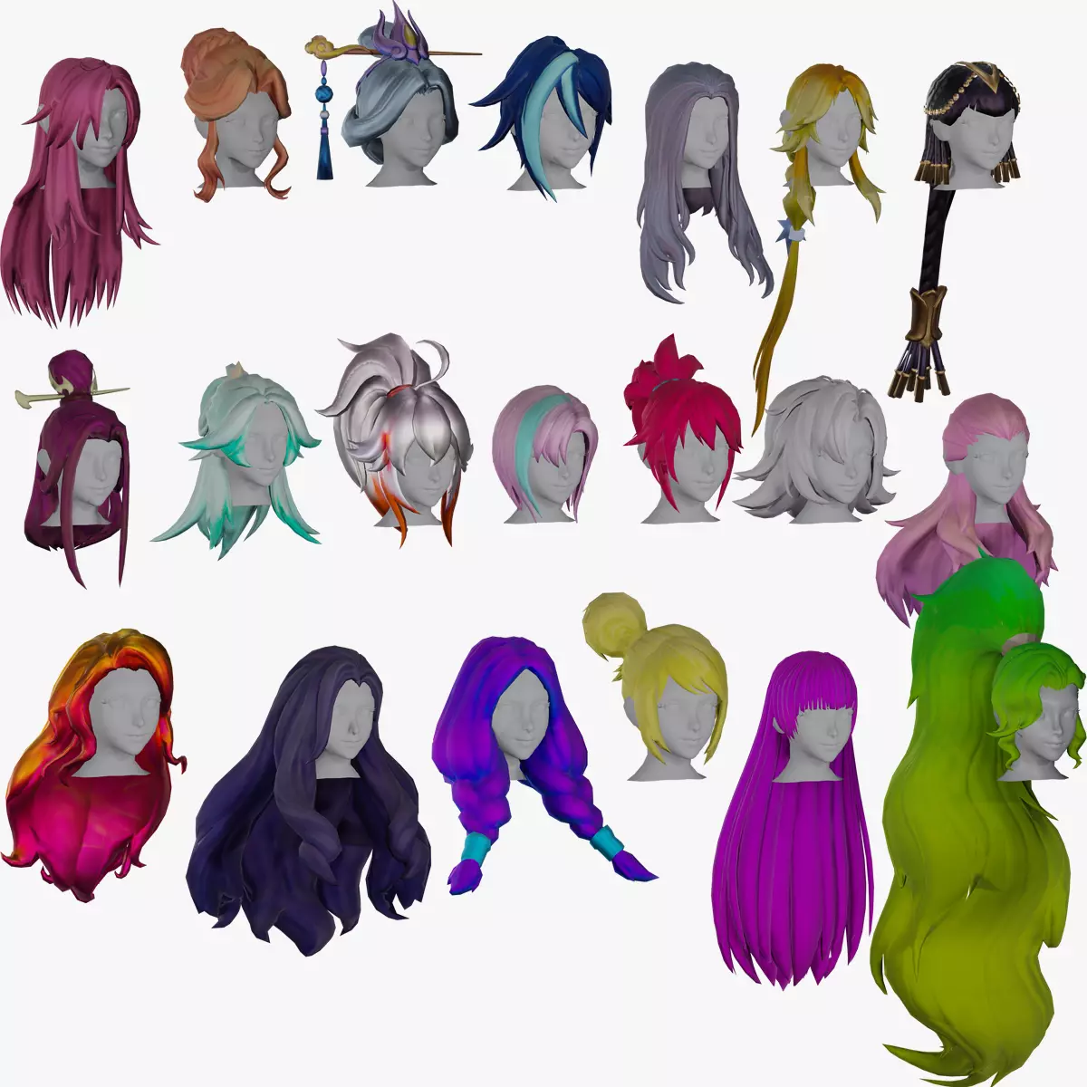 20 Stylized Female Hair Models Pack 2 - Low Poly Low-poly 3D model_0