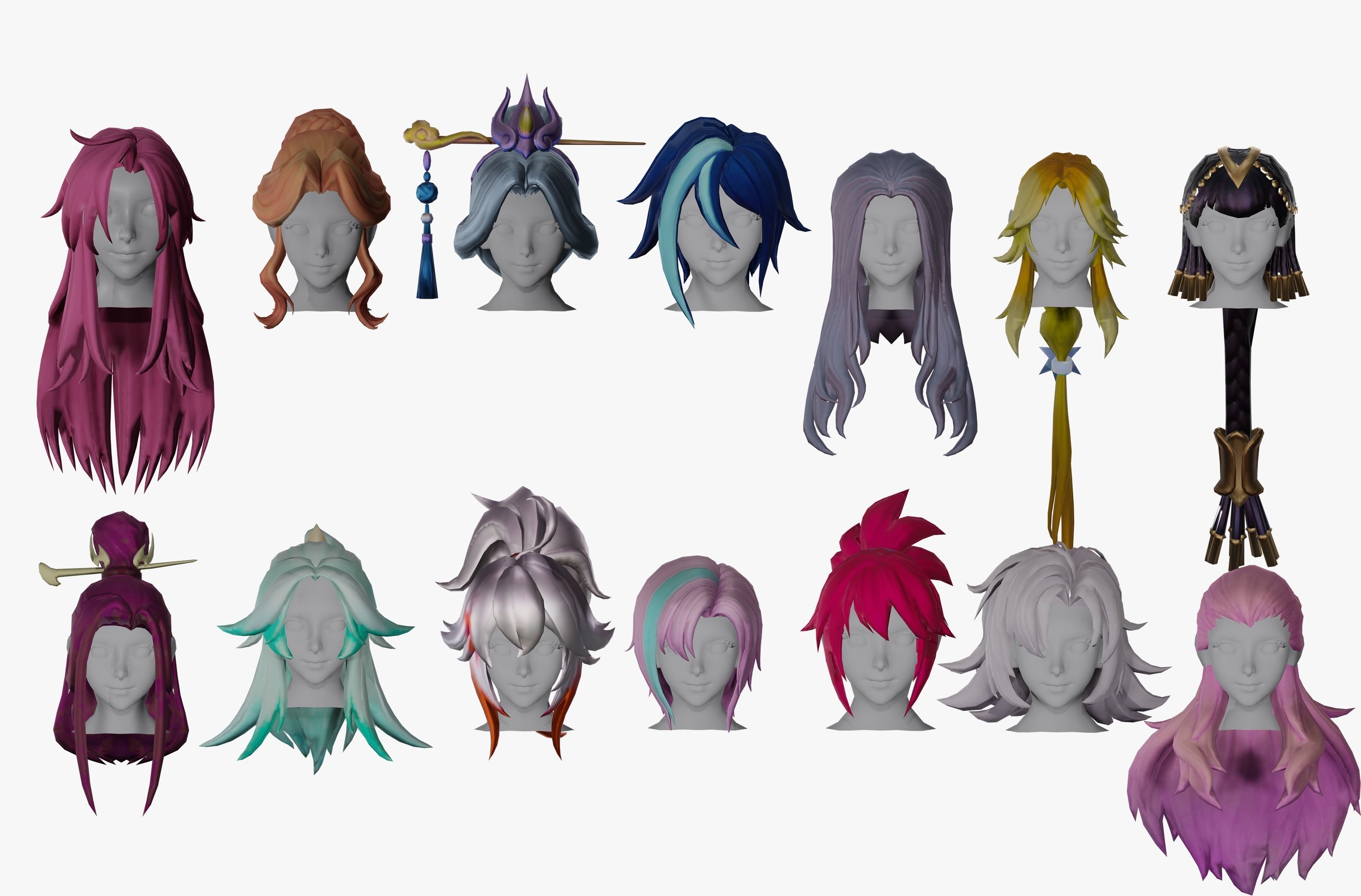 20 Stylized Female Hair Models Pack 2 - Low Poly Low-poly 3D model_3