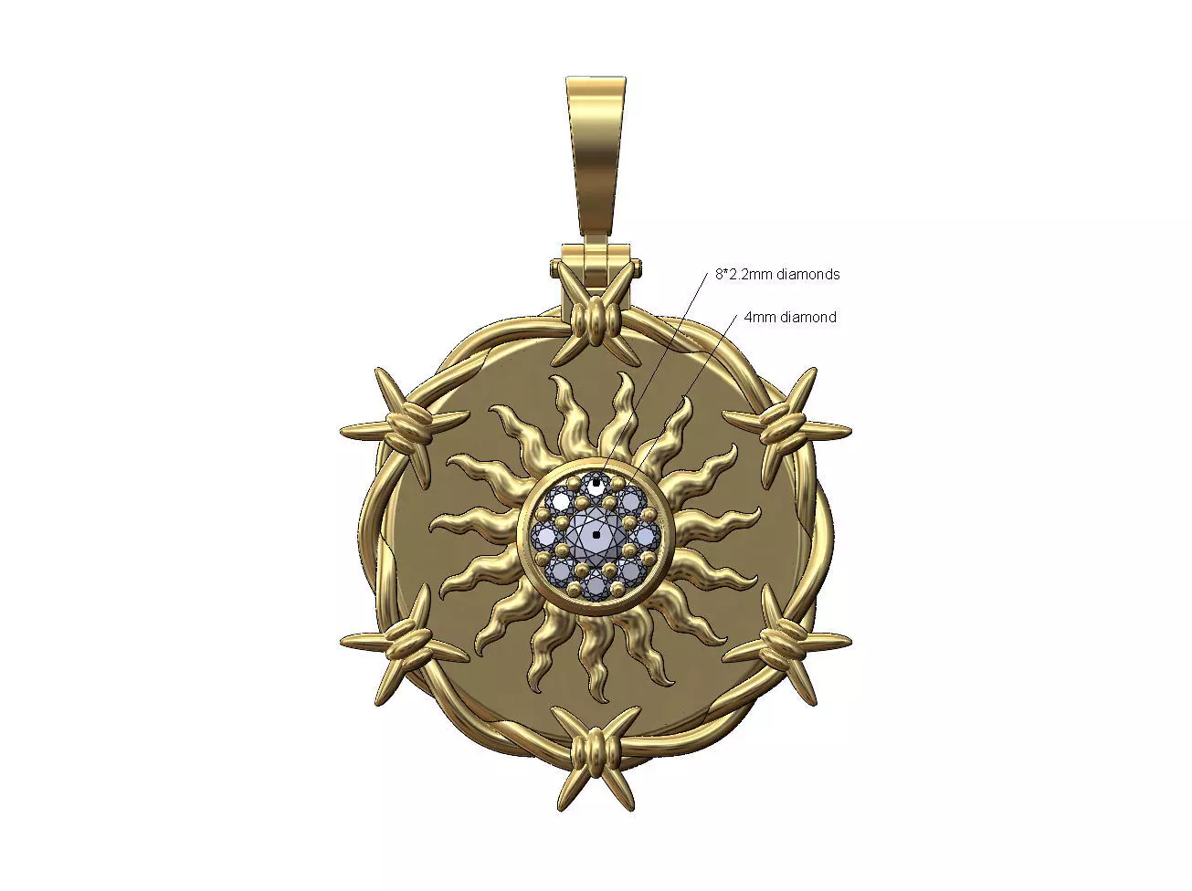 Diamond sun cluster barbwire round pendant with bail 3D print model