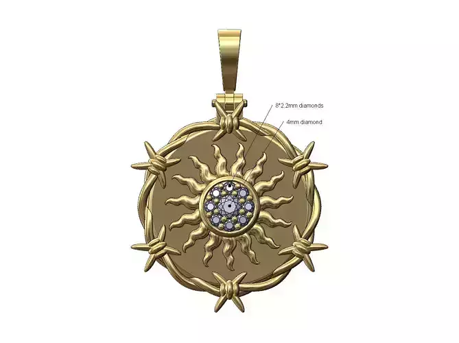 Diamond sun cluster barbwire round pendant with bail