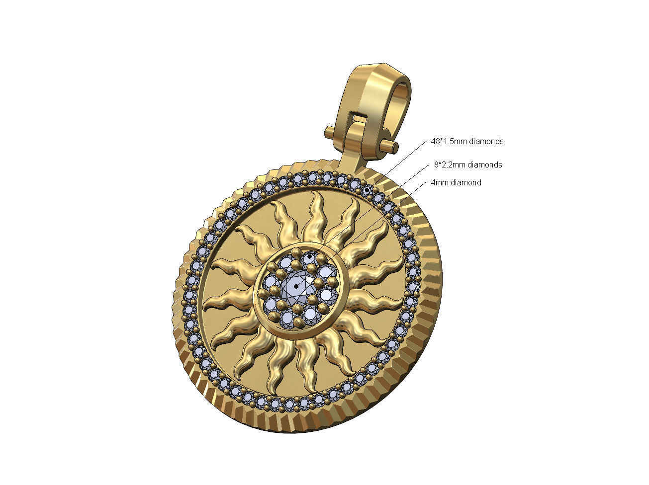Sun cluster fluted bezel diamond pendant with bail 3D print model_1