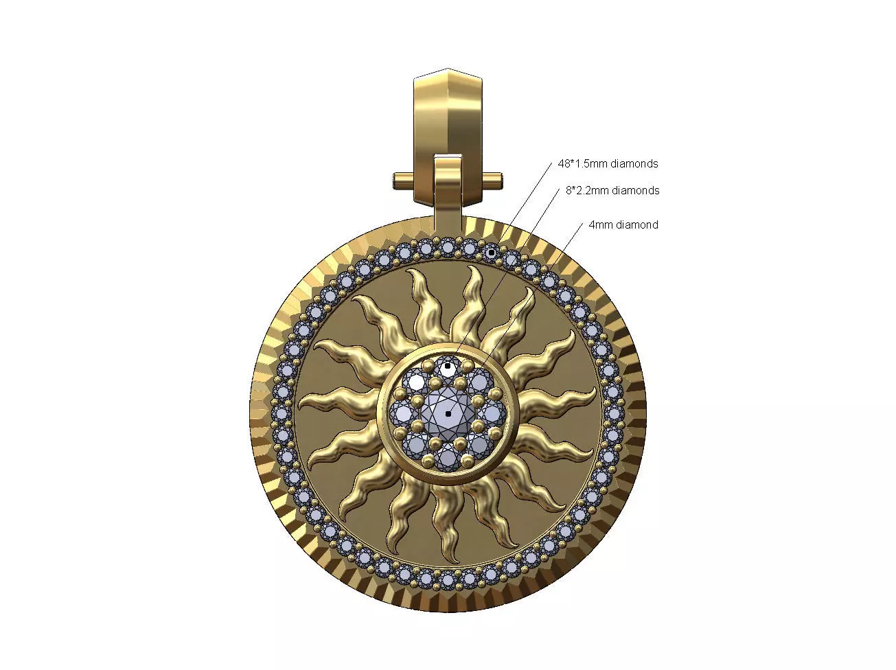 Sun cluster fluted bezel diamond pendant with bail 3D print model_0