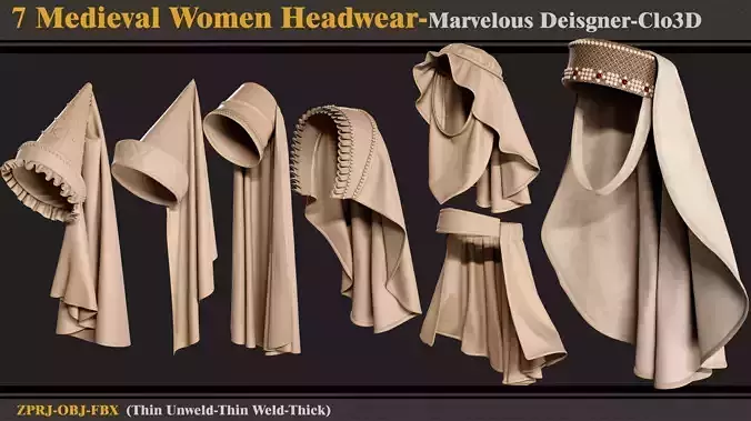 7 Medieval Women Headwear-MD-Clo3D-ZPRJ- FBX - OBJ 3D model