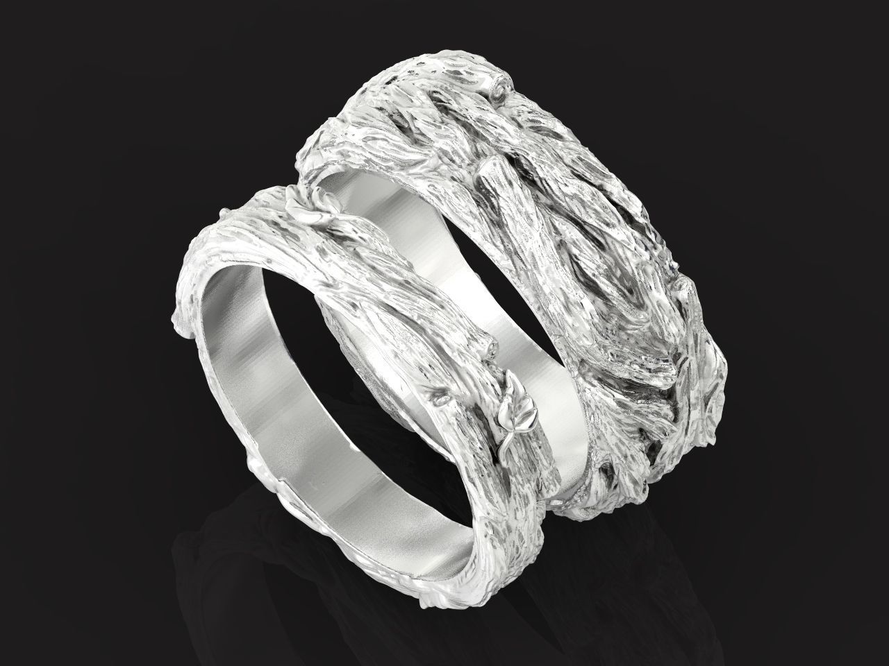 paired wedding rings in the shape of a tree bark branch 1049 3D print model_34