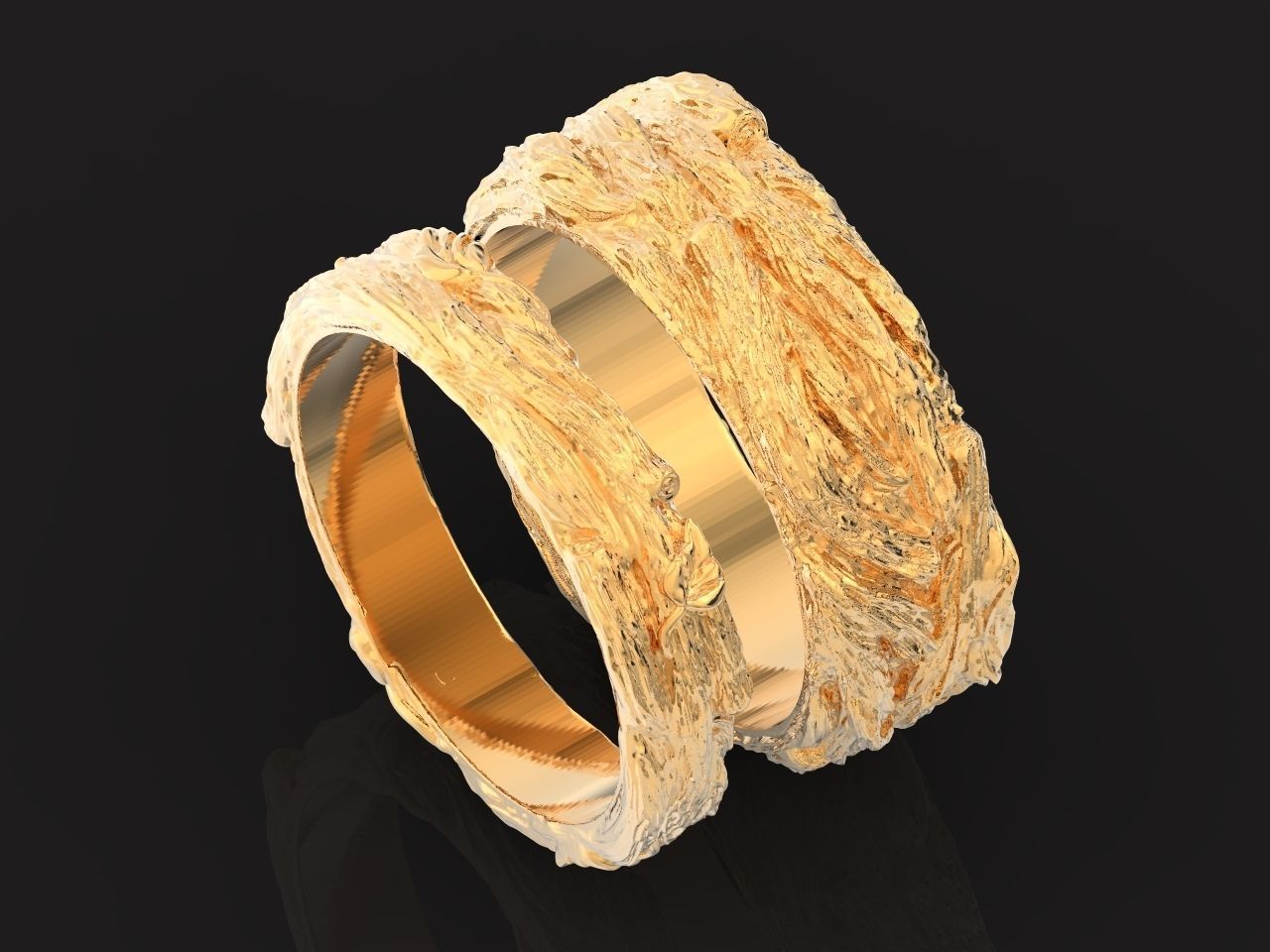 paired wedding rings in the shape of a tree bark branch 1049 3D print model_22