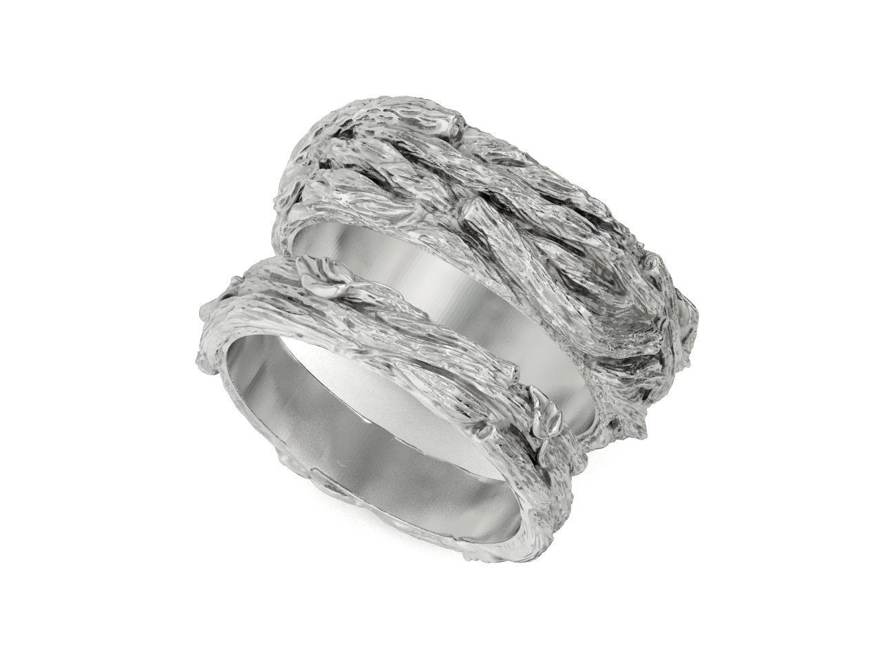 paired wedding rings in the shape of a tree bark branch 1049 3D print model_40