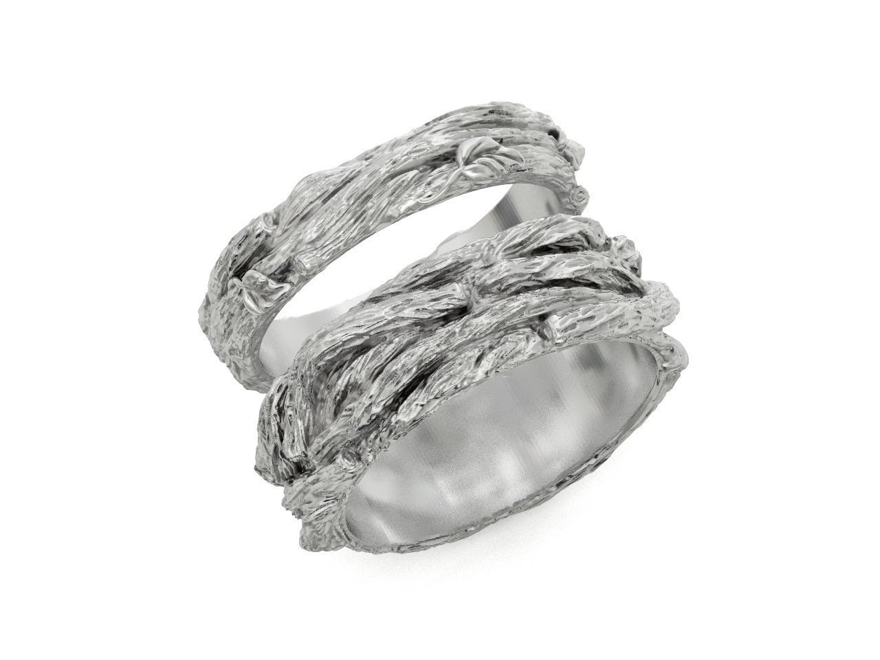 paired wedding rings in the shape of a tree bark branch 1049 3D print model_37
