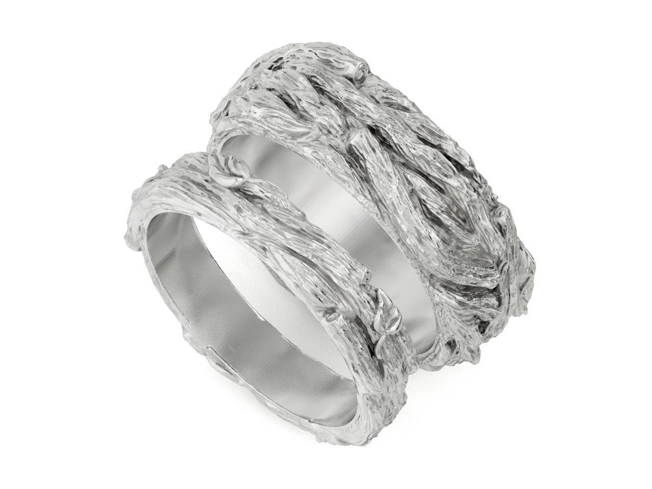 paired wedding rings in the shape of a tree bark branch 1049 3D print model_35