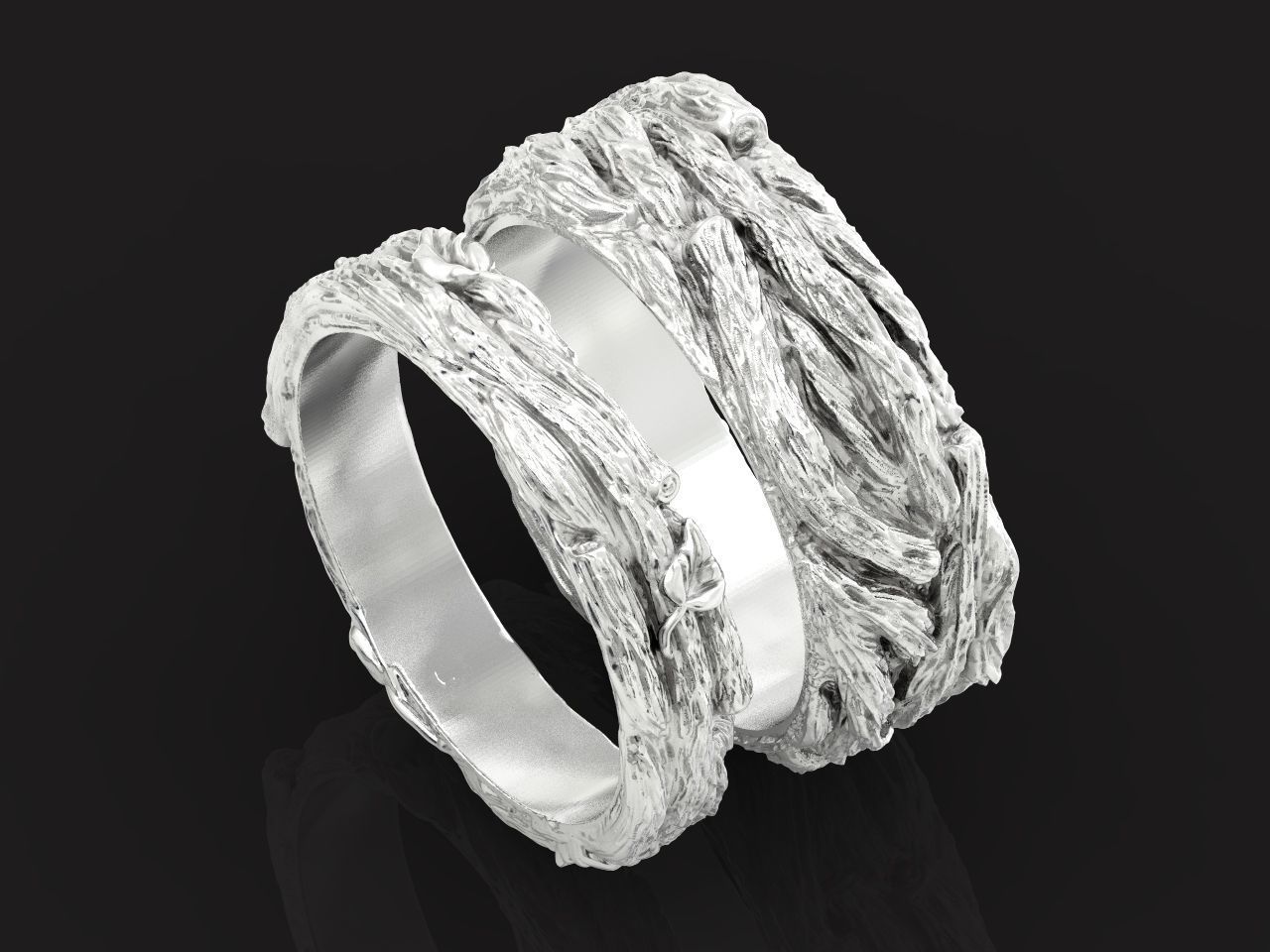 paired wedding rings in the shape of a tree bark branch 1049 3D print model_18