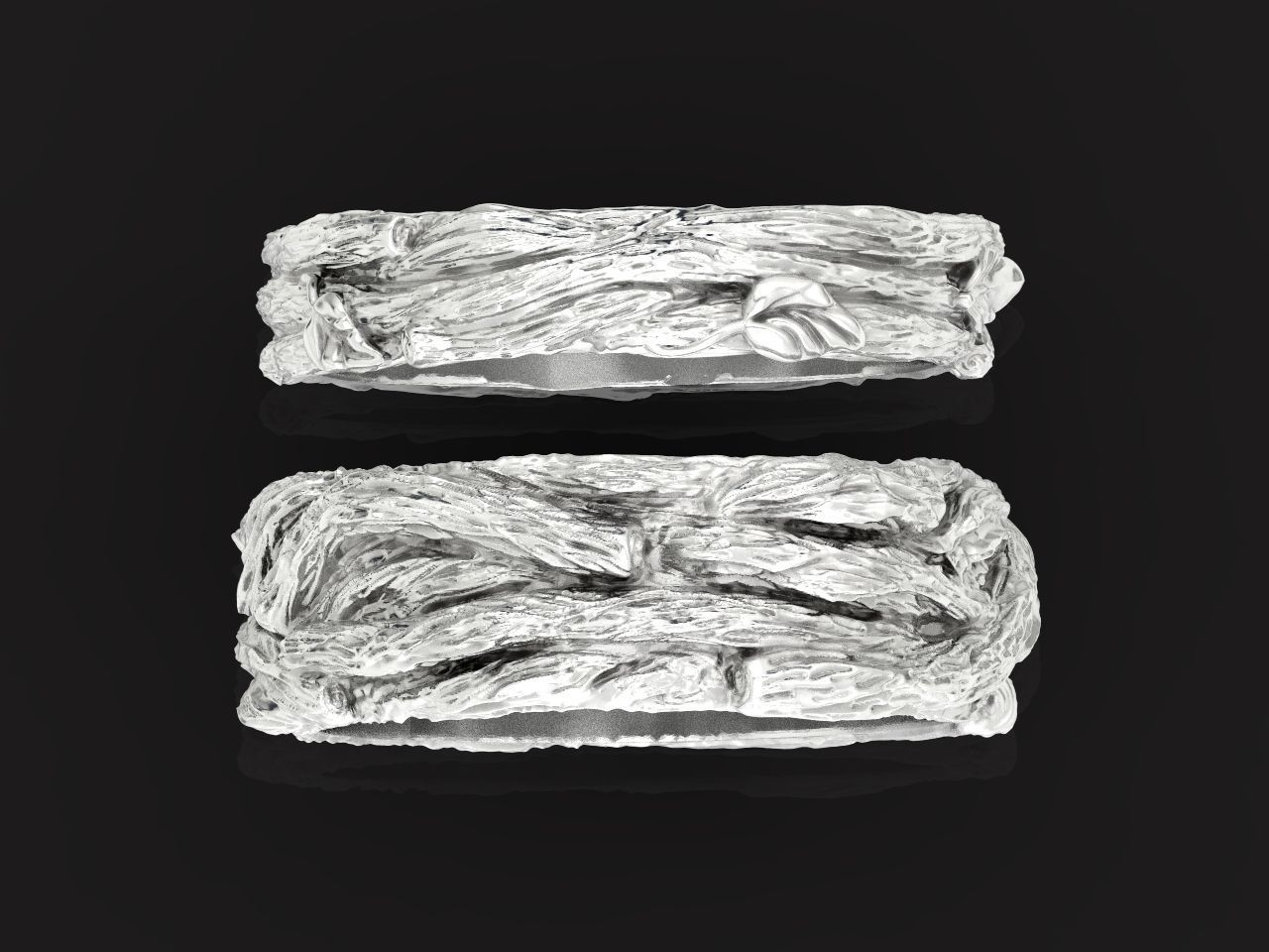 paired wedding rings in the shape of a tree bark branch 1049 3D print model_27