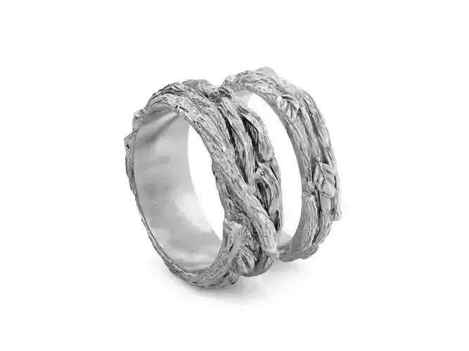 paired wedding rings in the shape of a tree bark branch 1049 3D print model