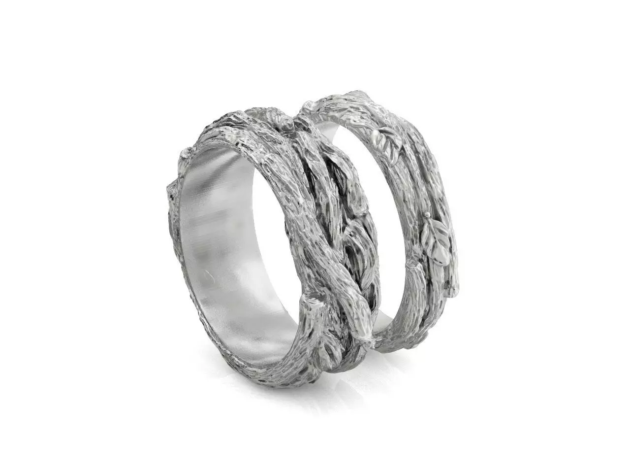 paired wedding rings in the shape of a tree bark branch 1049 3D print model_0