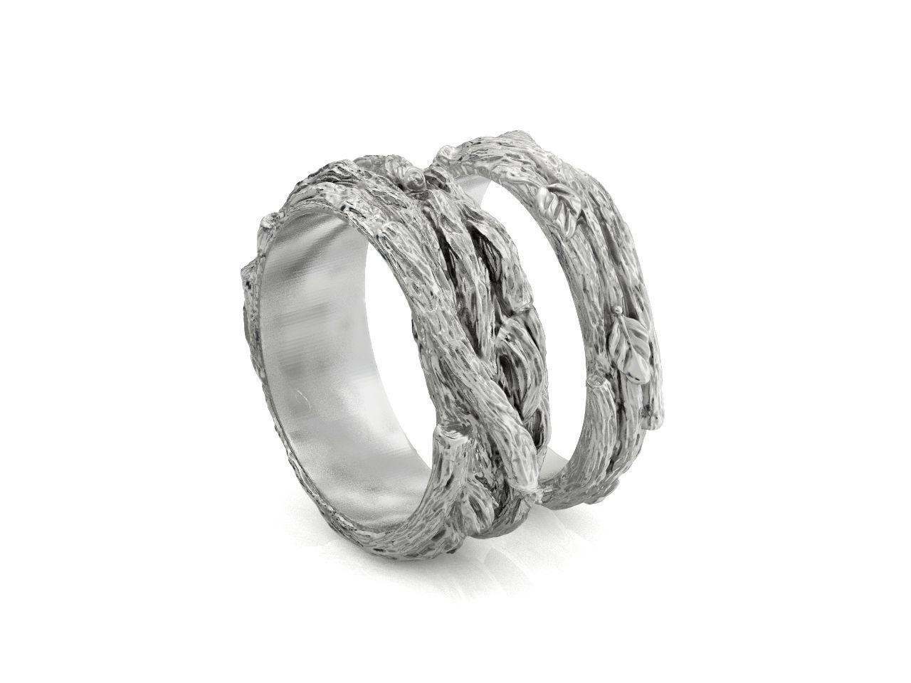 paired wedding rings in the shape of a tree bark branch 1049 3D print model_38