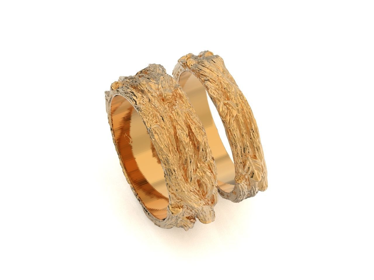 paired wedding rings in the shape of a tree bark branch 1049 3D print model_3