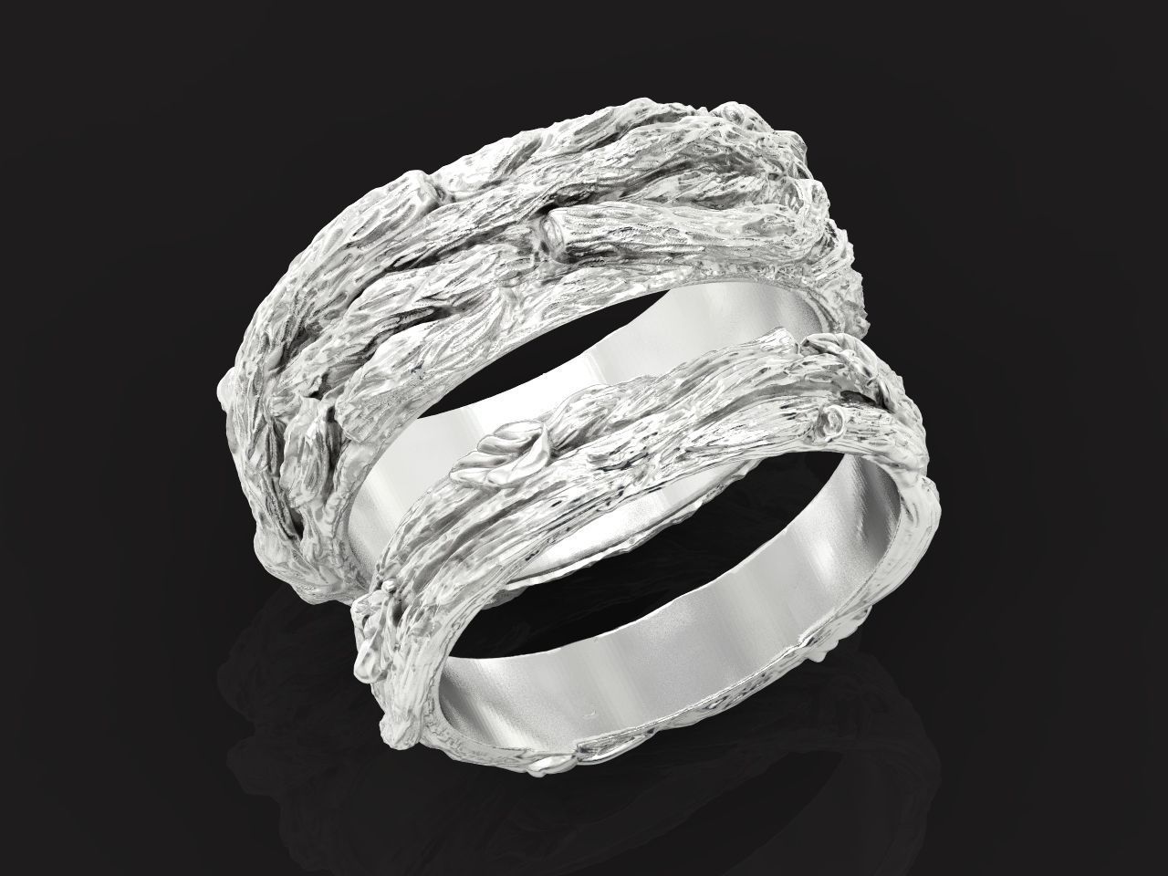 paired wedding rings in the shape of a tree bark branch 1049 3D print model_32