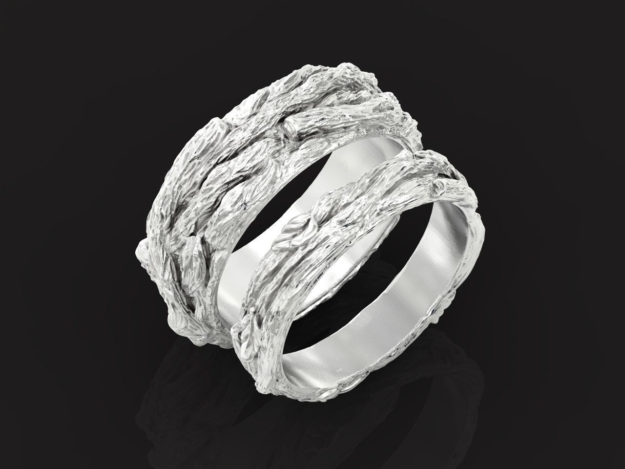 paired wedding rings in the shape of a tree bark branch 1049 3D print model_21
