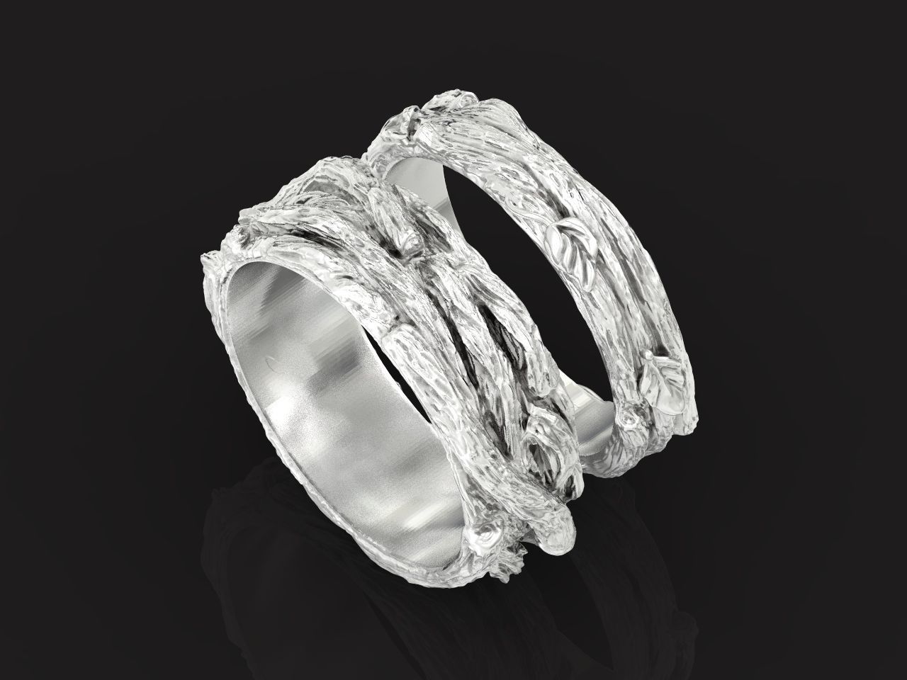 paired wedding rings in the shape of a tree bark branch 1049 3D print model_1