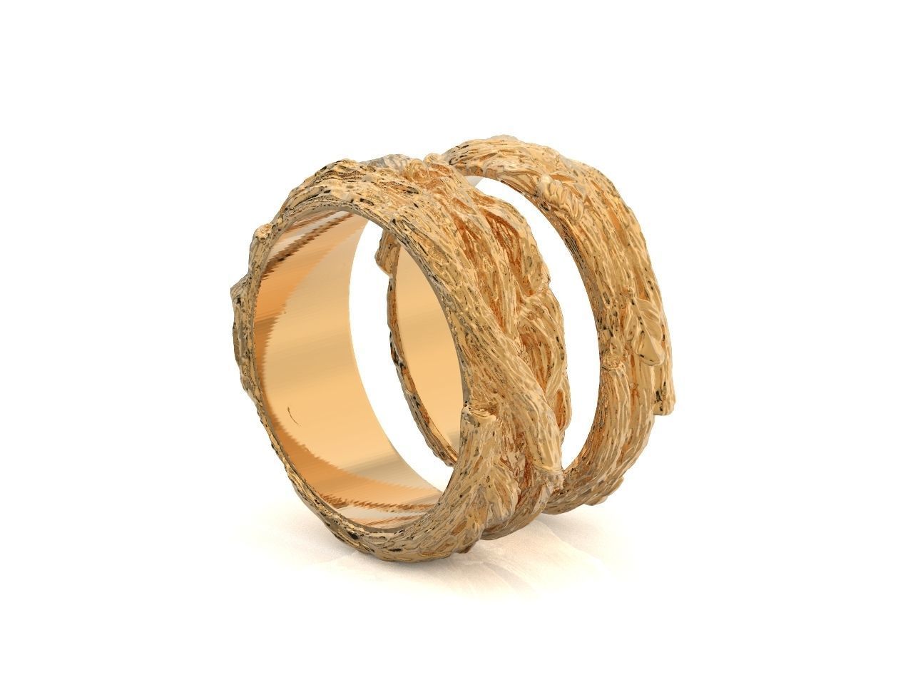 paired wedding rings in the shape of a tree bark branch 1049 3D print model_41