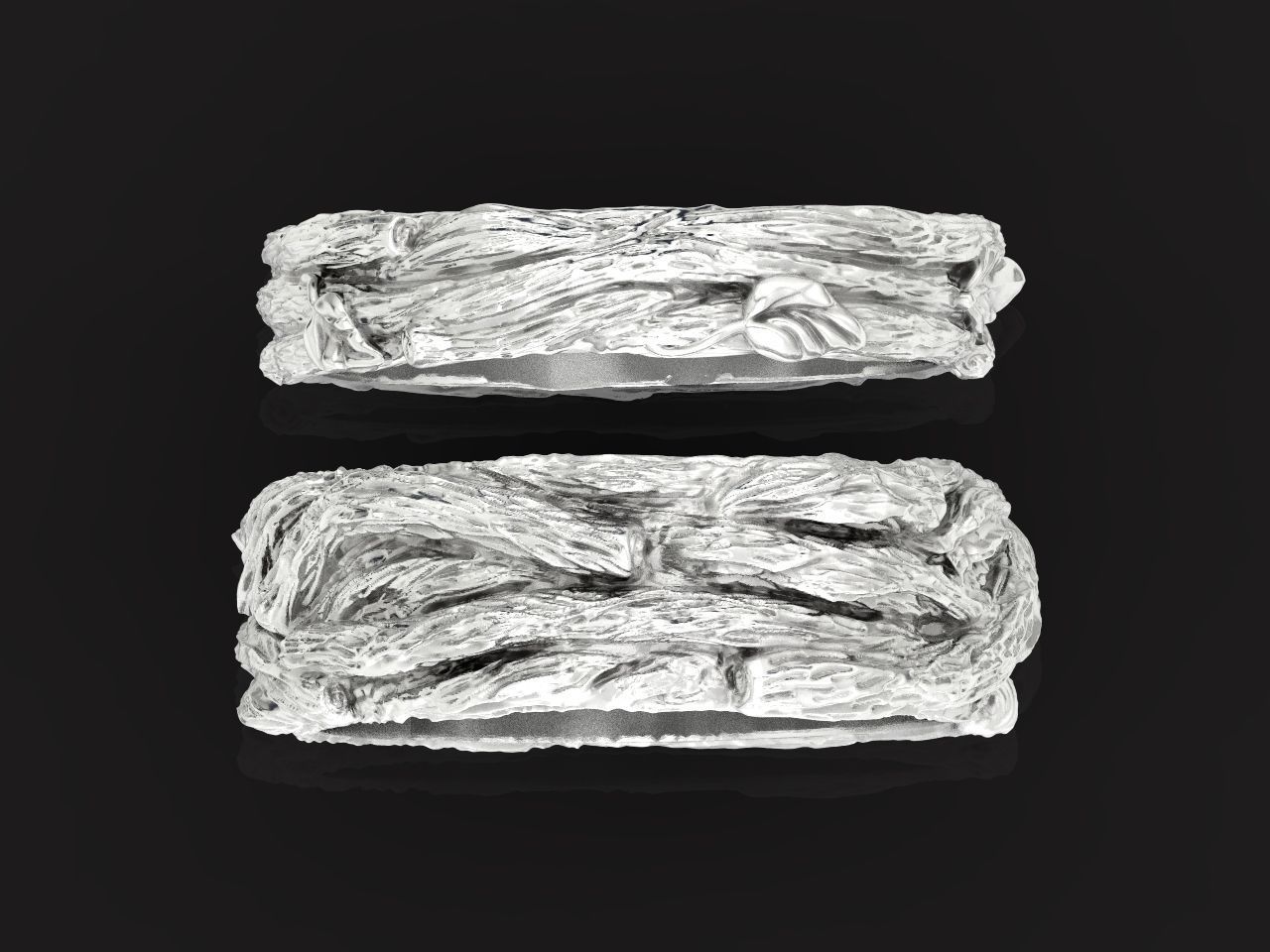 paired wedding rings in the shape of a tree bark branch 1049 3D print model_20