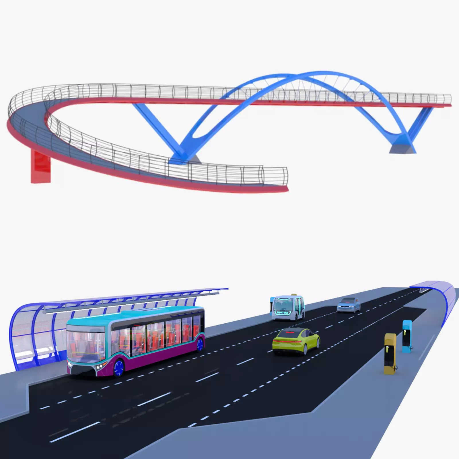 Bus stop and pedestrian bridge 3D Model Collection_0