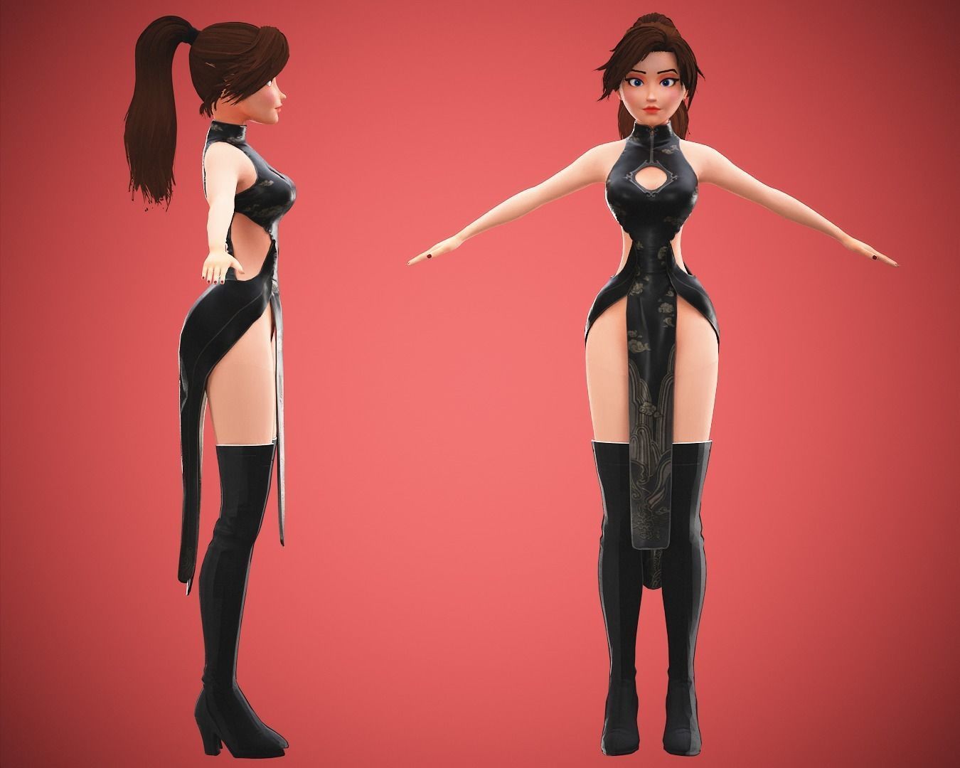 Gameready Cartoon Samurai Ninja Girl Character Low-poly 3D model_4