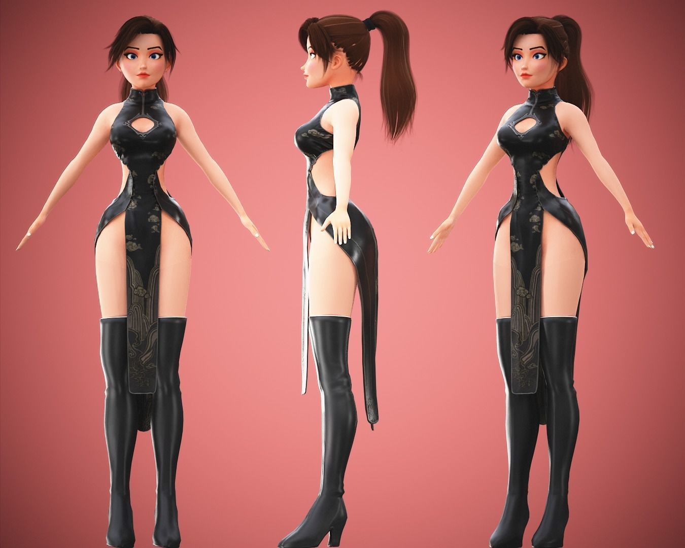 Gameready Cartoon Samurai Ninja Girl Character Low-poly 3D model_3