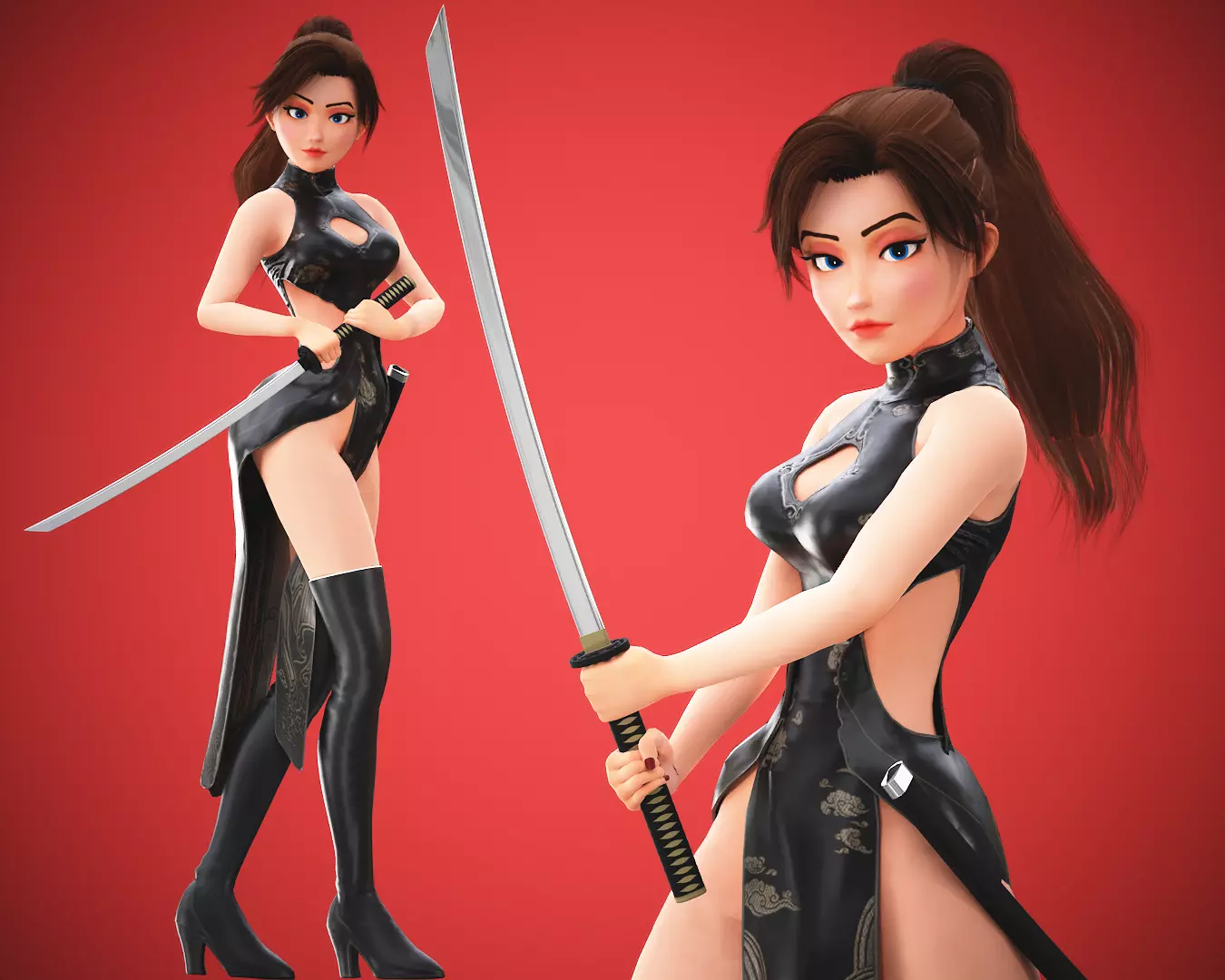 Gameready Cartoon Samurai Ninja Girl Character Low-poly 3D model_0