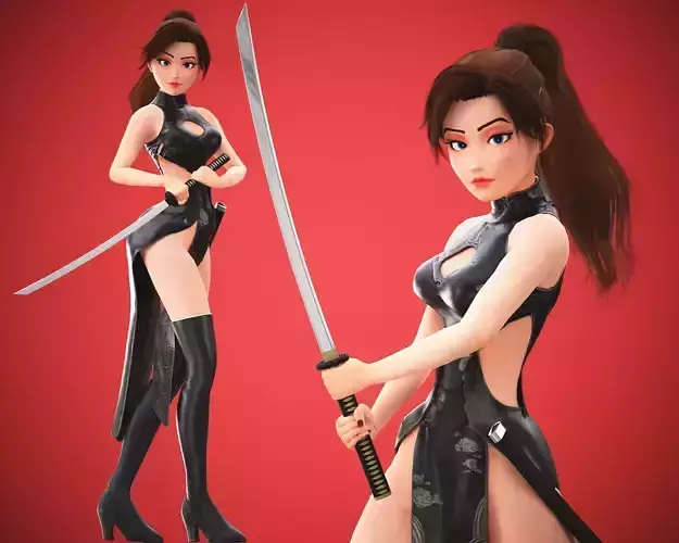 Gameready Cartoon Samurai Ninja Girl Character Low-poly 3D model