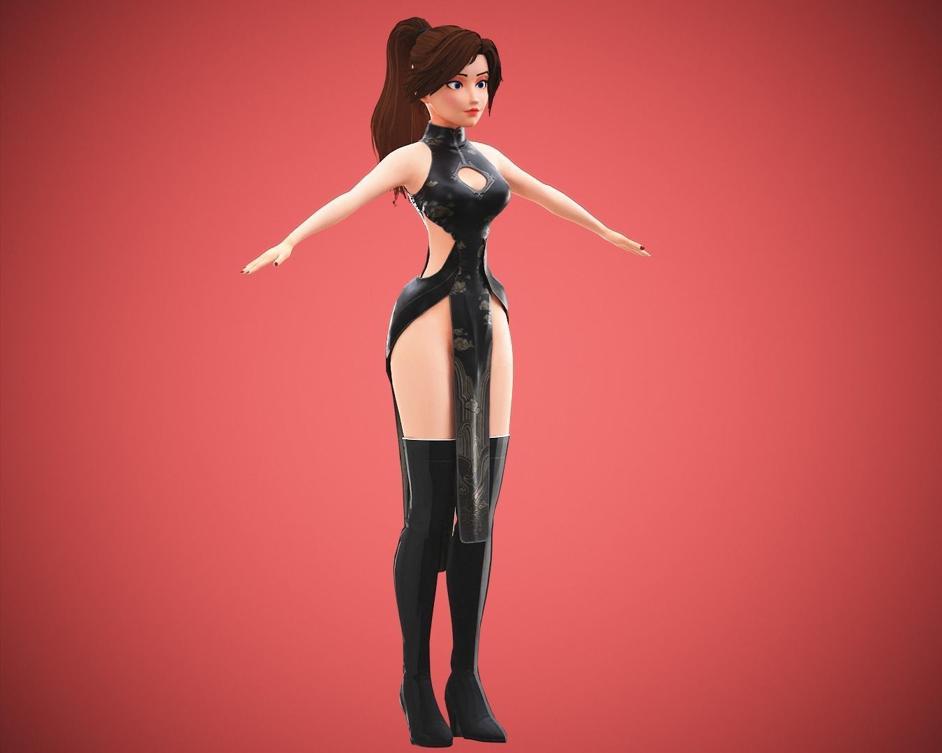 Gameready Cartoon Samurai Ninja Girl Character Low-poly 3D model_9