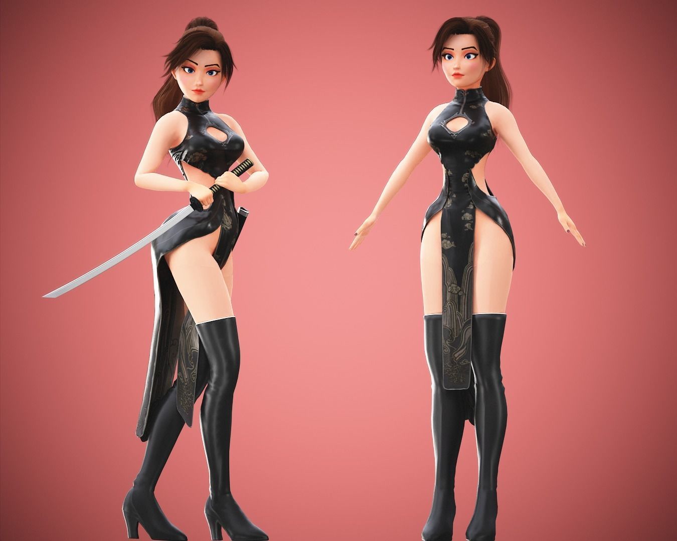 Gameready Cartoon Samurai Ninja Girl Character Low-poly 3D model_2