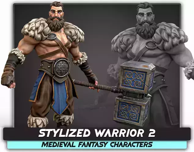 Stylized Warrior 02 - Fantasy Character Hammer Medieval - 27 Low-poly 3D model