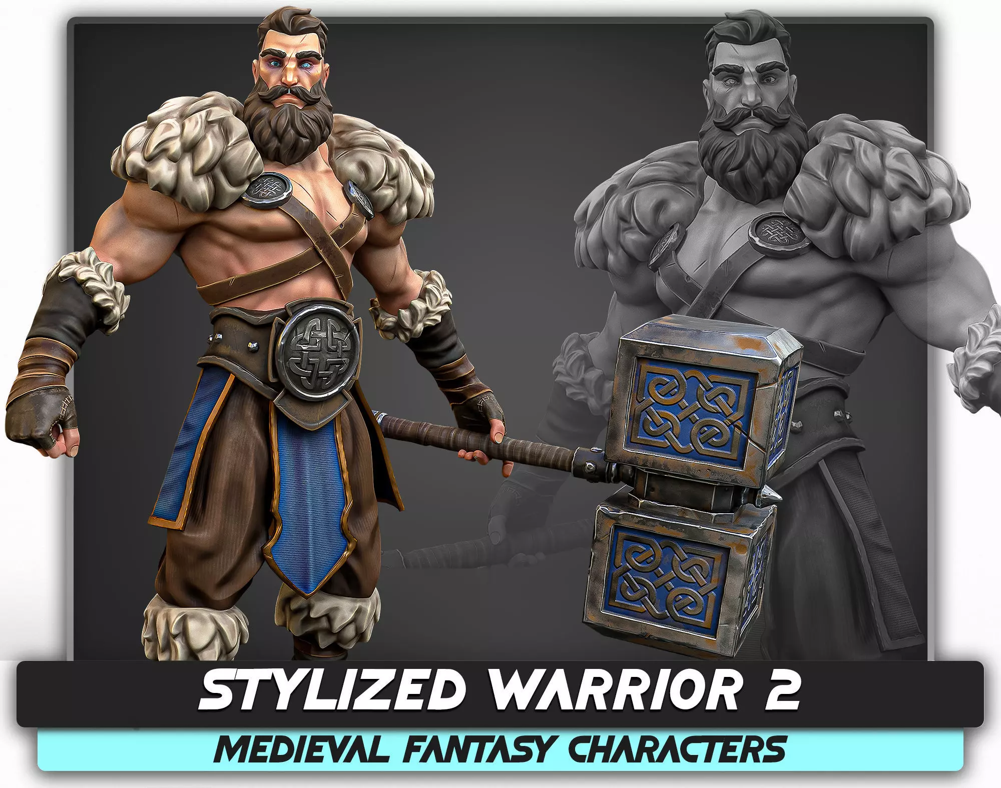 Stylized Warrior 02 - Fantasy Character Hammer Medieval - 27 Low-poly 3D model_0