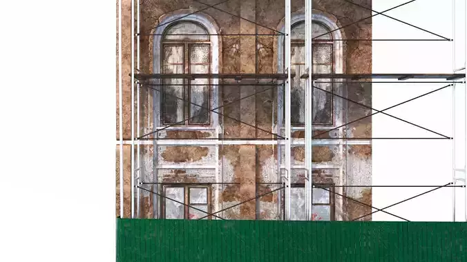 Wall with windows and fence of an old house Low-poly 3D model Low-poly 3D model